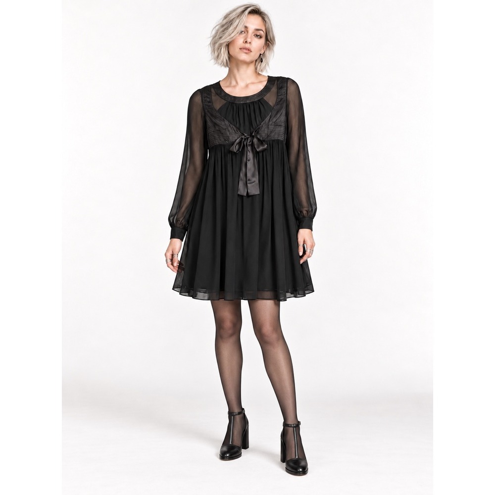 French Connection Black Sheer Sleeve Satin Bow Babydoll Dress Size 10 Witchy Y2K